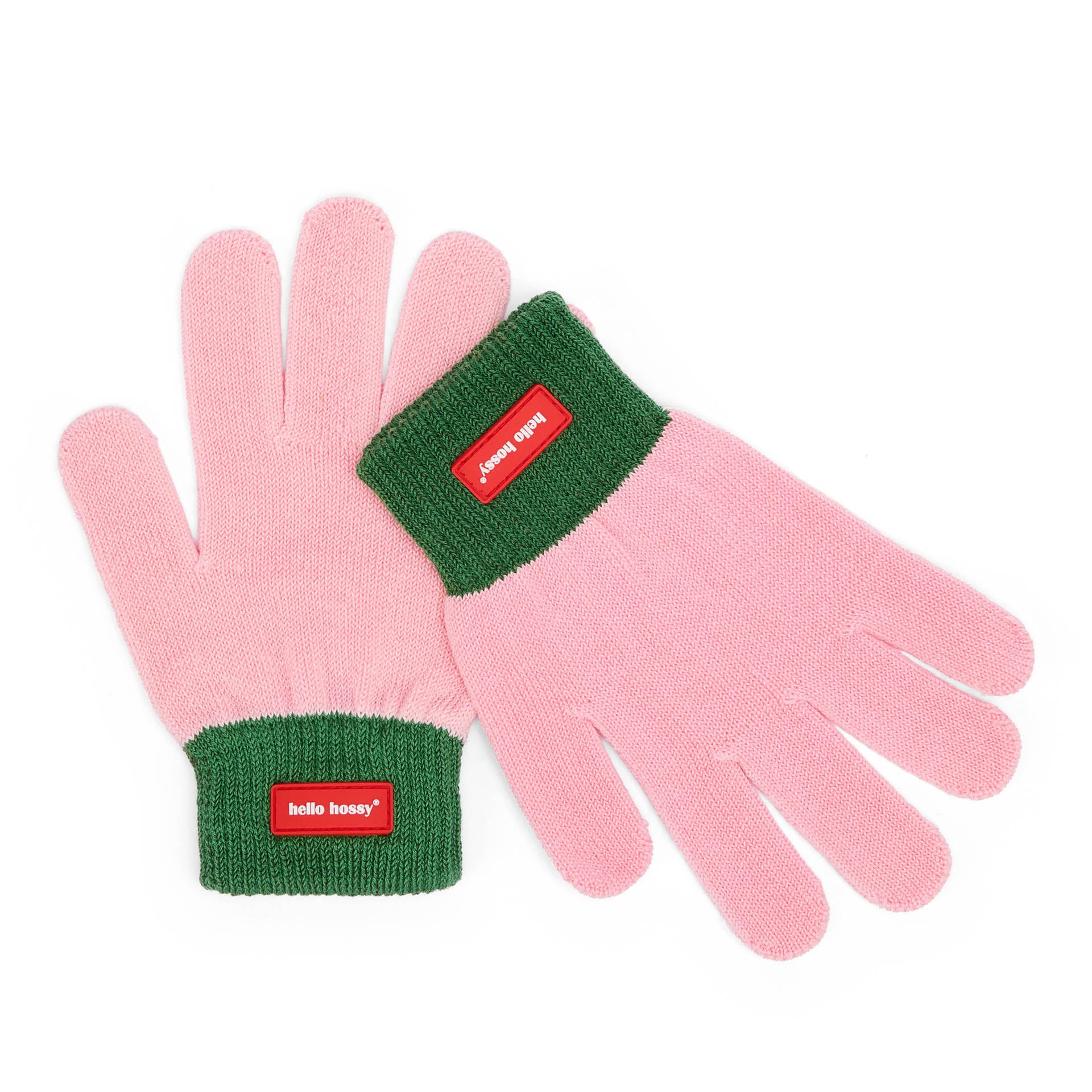 Handschoenen kind roze groene rand rood etiket Hello Hossy