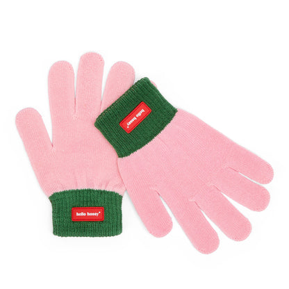 Handschoenen kind roze groene rand rood etiket Hello Hossy
