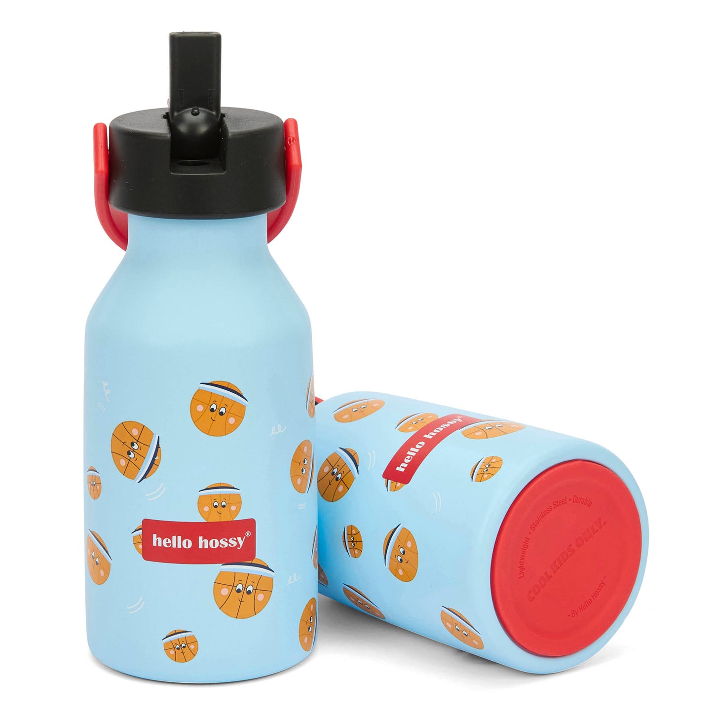 Drinkfles kind blauw motief sport oranje handvat zwarte flesdop Hello Hossy