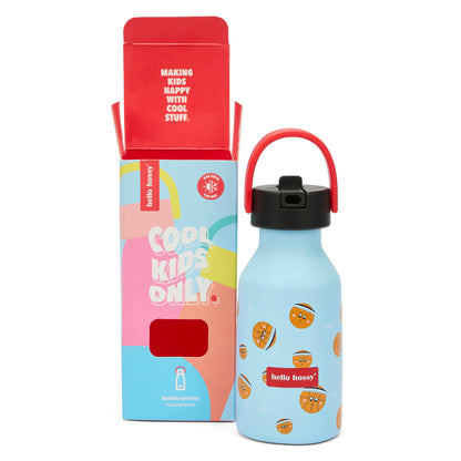 Drinkfles kind blauw motief sport rood handvat zwarte flesdop Hello Hossy