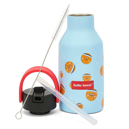 Drinkfles kind blauw prints basket handvat rood rietje Hello Hossy