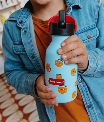 Drinkfles kind blauw motief sport oranje zwarte flesdop Hello Hossy