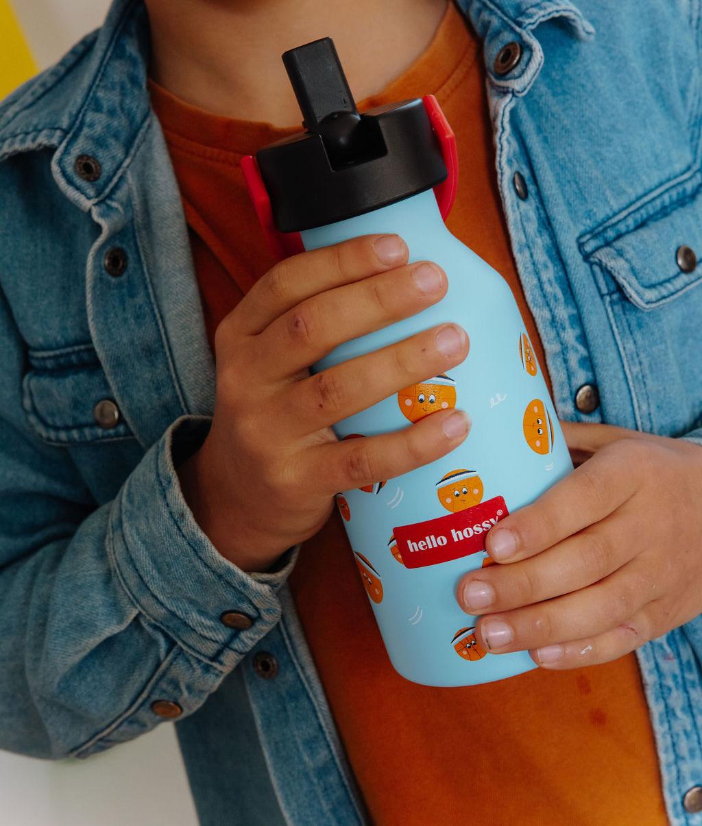 Drinkfles kind blauw motief sport flesdop zwart handvat rood Hello Hossy