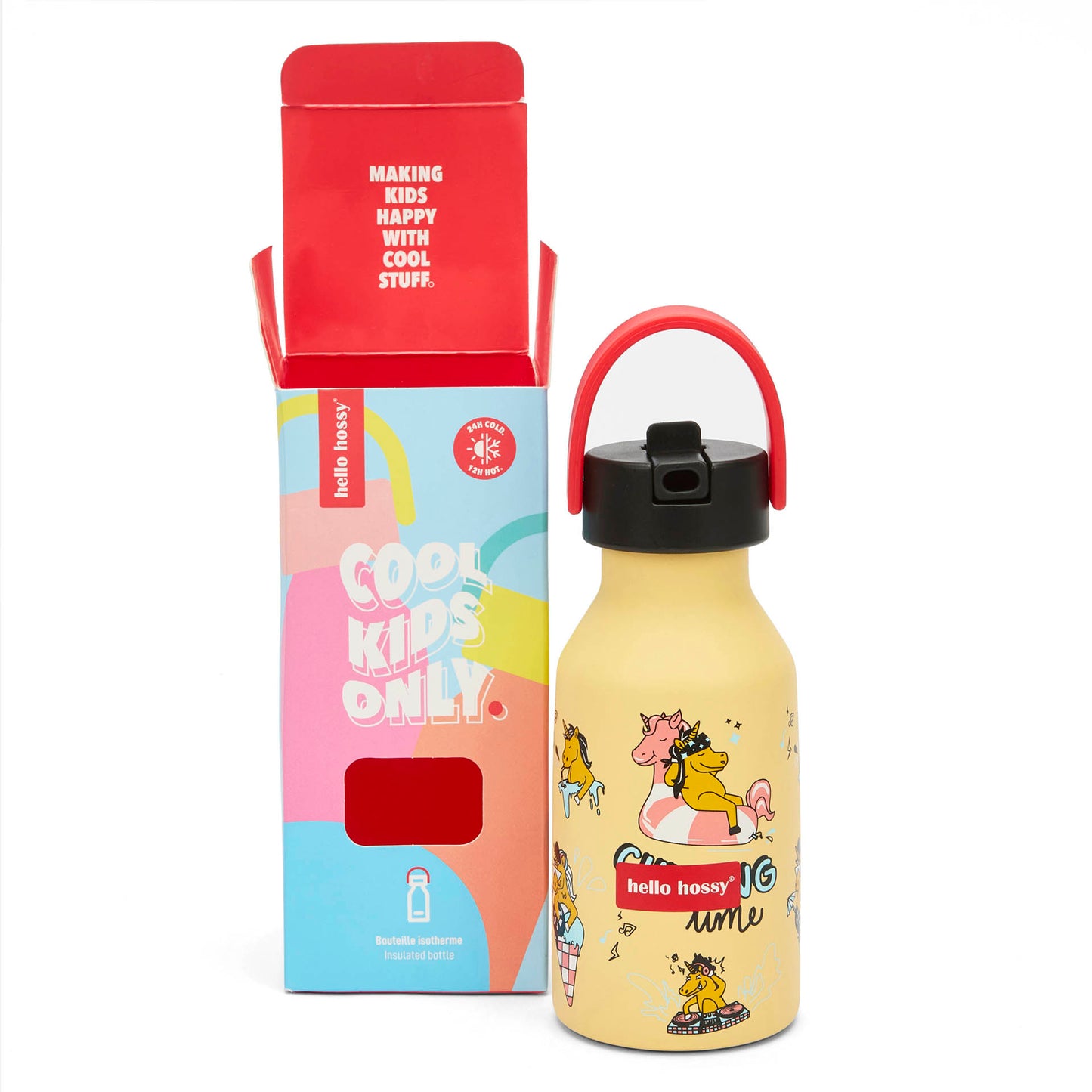 Drinkfles kind geel motief eenhoorn handvat rood Hello Hossy