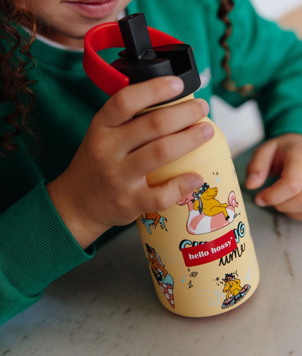 Drinkfles kind geel motief eenhoorn handvat rood Hello Hossy