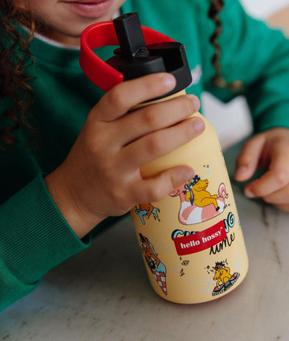 Drinkfles kind geel motief eenhoorn handvat rood Hello Hossy