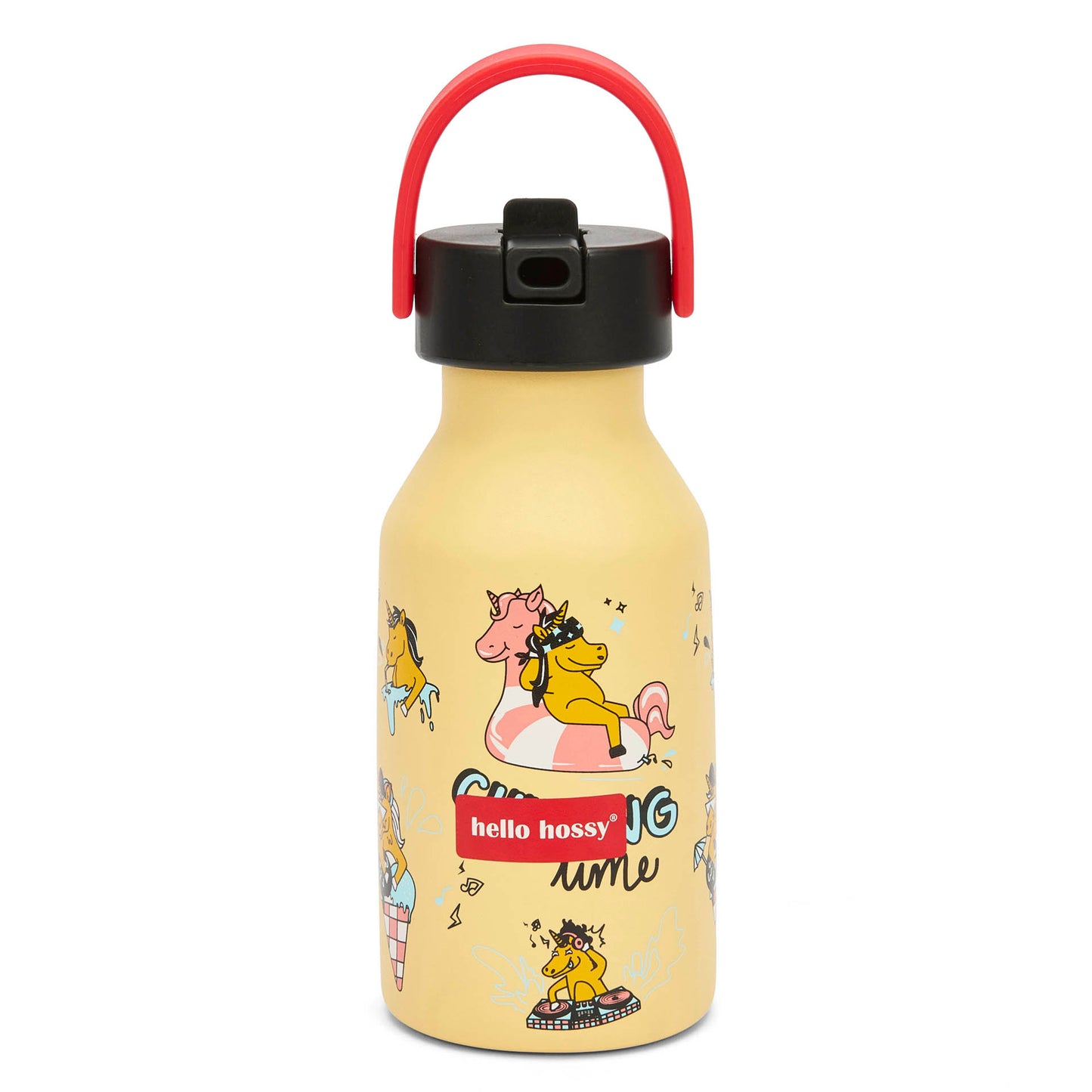 Drinkfles kind geel motief eenhoorn handvat rood Hello Hossy