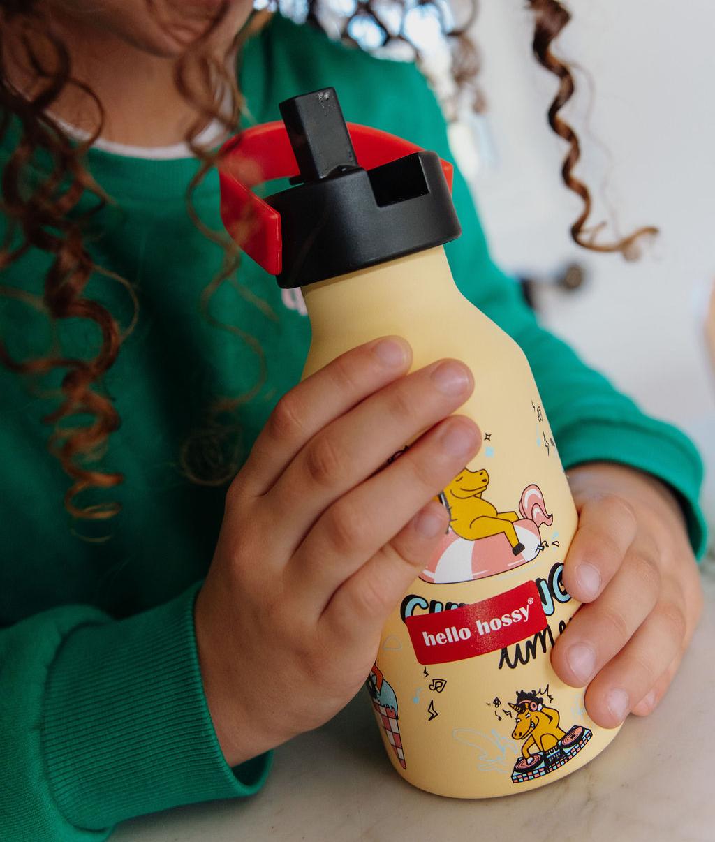 Drinkfles kind geel motief eenhoorn flesdop zwart Hello Hossy