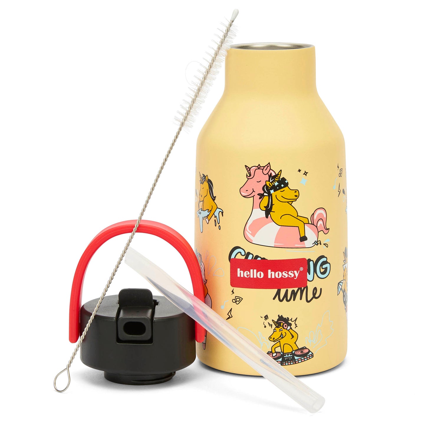 Drinkfles kind geel eenhoorn motief met rietje en reinigingsborstel Hello Hossy