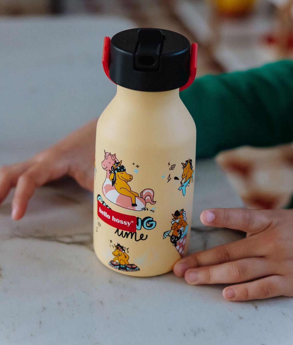 Drinkfles kind geel motief eenhoorn flesdop zwart Hello Hossy