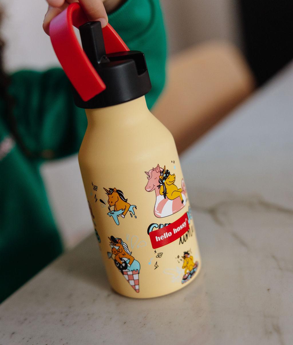 Drinkfles kind geel motief eenhoorn flesdop rood Hello Hossy