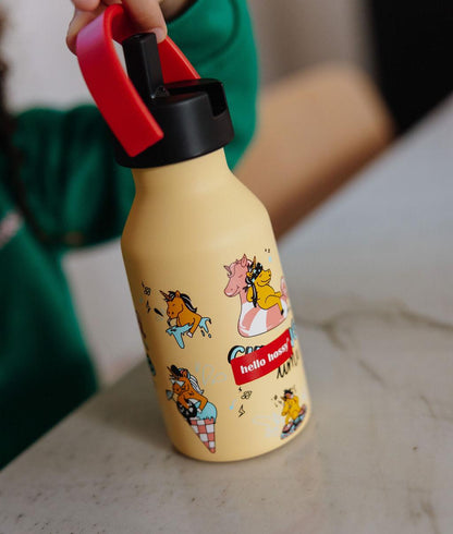Drinkfles kind geel motief eenhoorn flesdop rood Hello Hossy