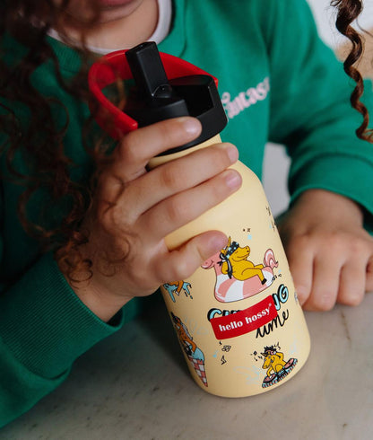Drinkfles kind geel eenhoorn prints zwart flesdop rood handvat Hello Hossy