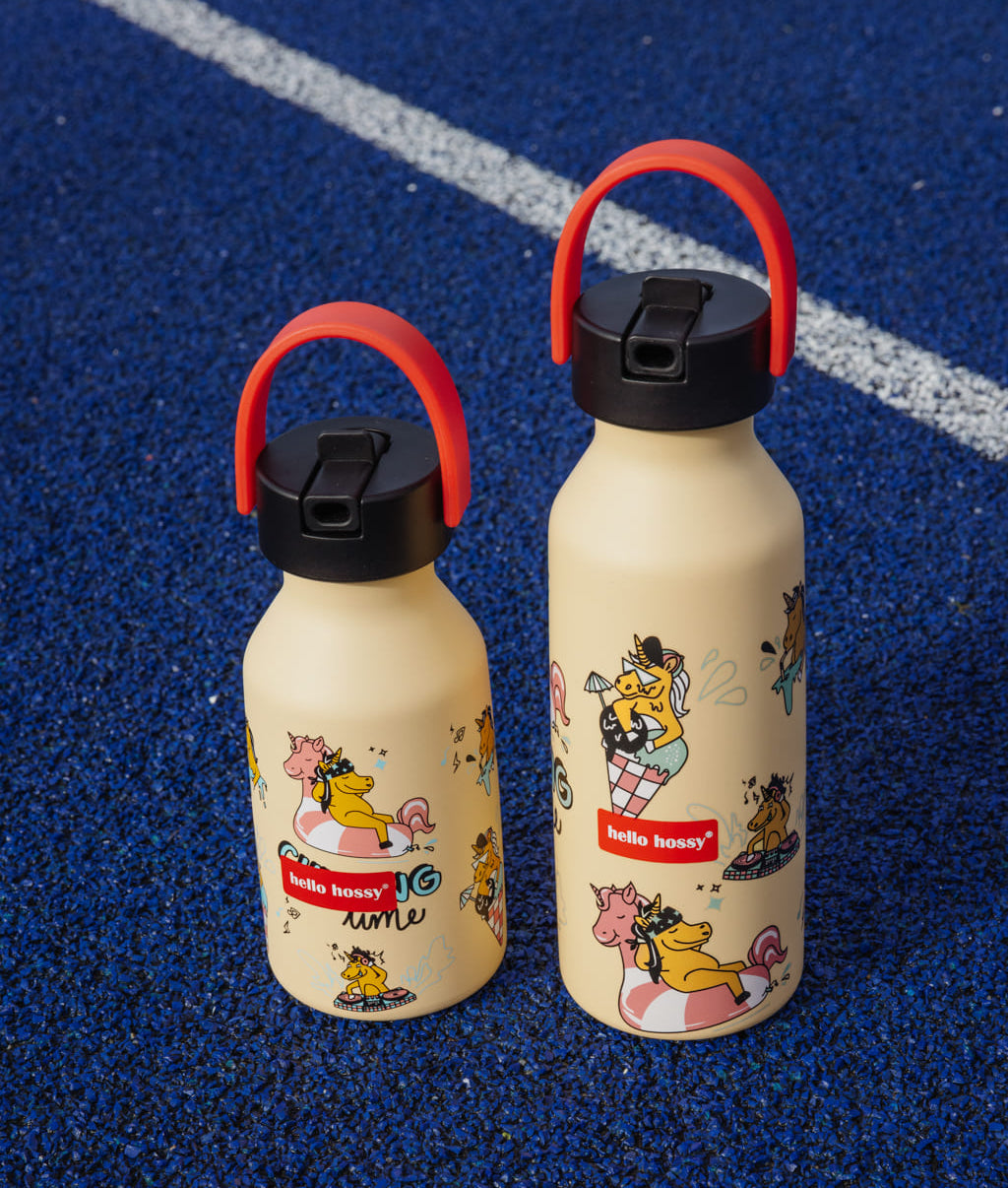 Drinkfles kind geel motief eenhoorn handvat rood Hello Hossy