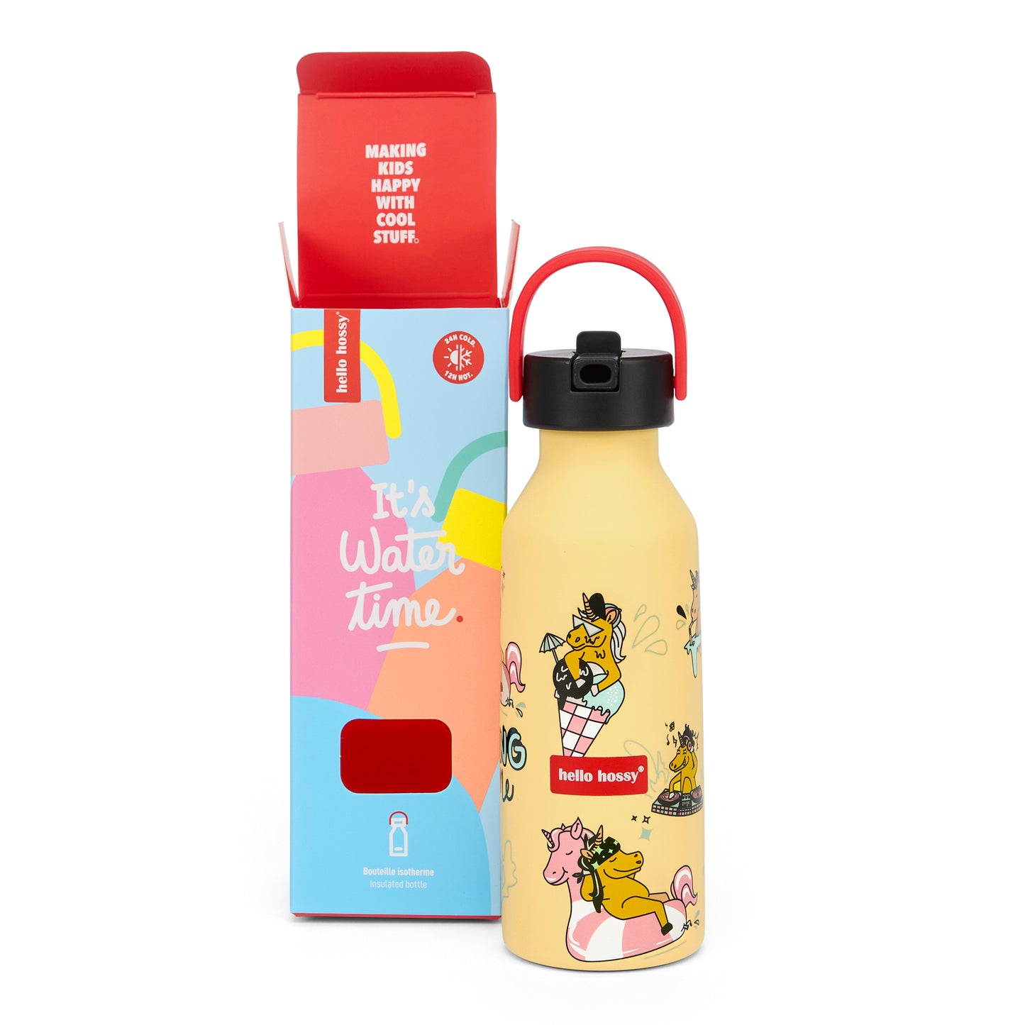 Drinkfles kind geel eenhoornmotief rood handgreep Hello Hossy