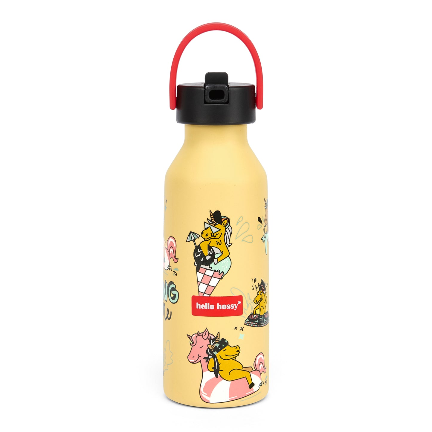 Drinkfles kind geel eenhoornmotief rood handvat Zwarte flesdop Hello Hossy