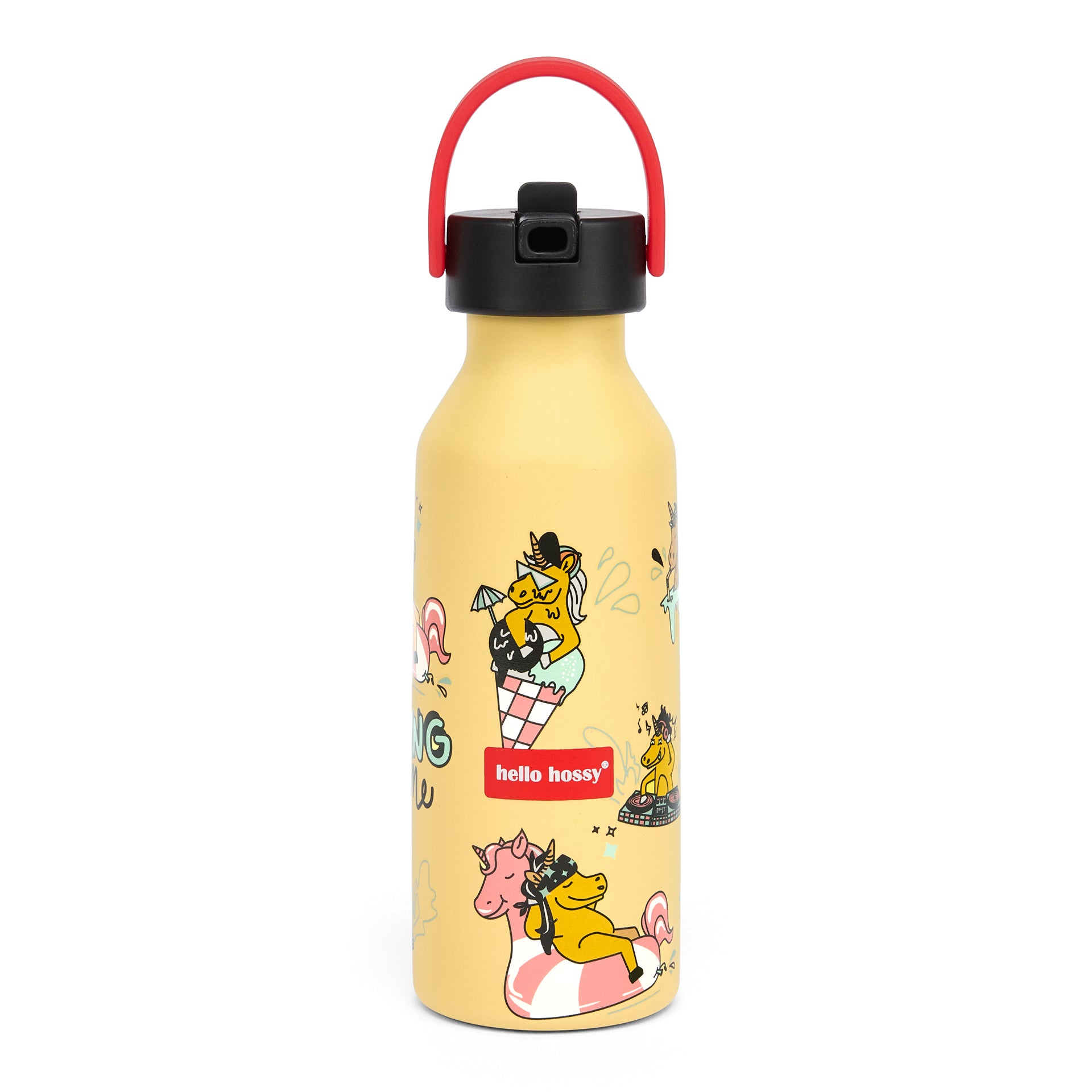 Drinkfles kind geel eenhoornmotief rood handvat Zwarte flesdop Hello Hossy