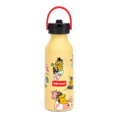 Drinkfles kind geel eenhoornmotief rood handvat Zwarte flesdop Hello Hossy