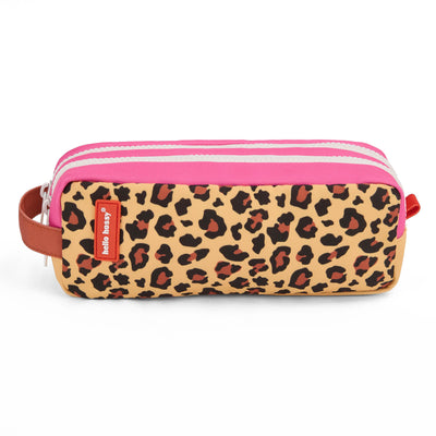 Trousse scolaire enfant beige motif léopard fermeture double zip rose Hello Hossy