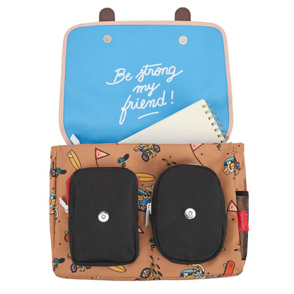 Schooltas kind bruin motief mascots fiets zwart vak Hello Hossy