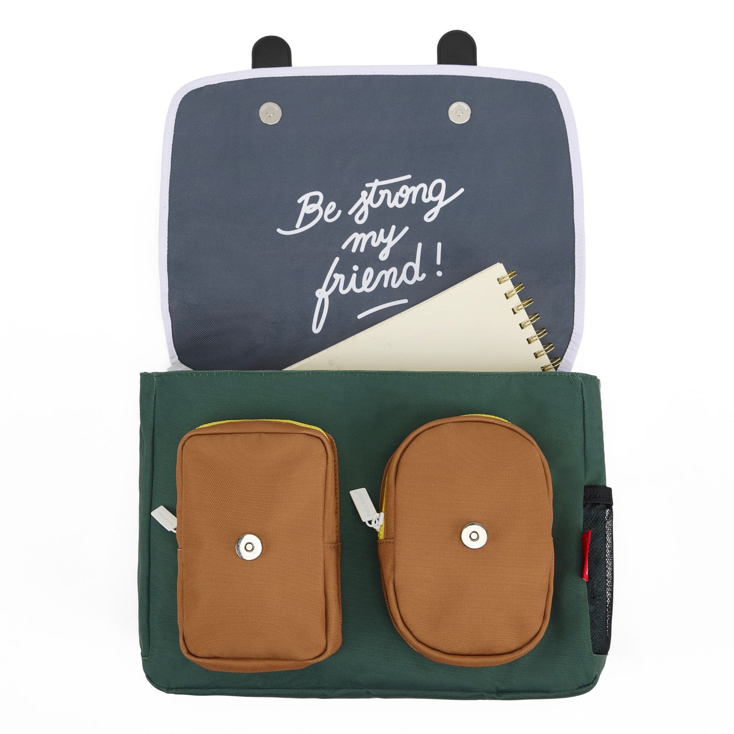 Cartable enfant vert poche double marron intérieur texte blanc Hello Hossy