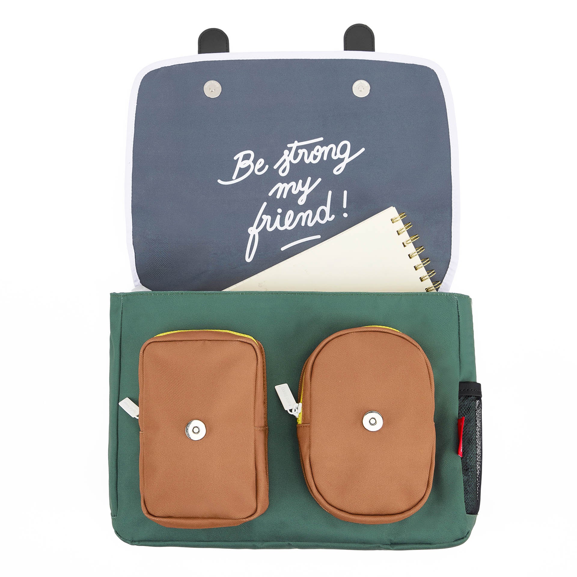 Schooltas kind groen met bruine zakken drukknopsluiting Hello Hossy