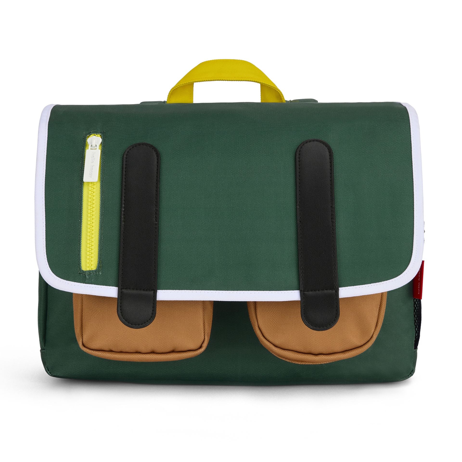 Cartable enfant vert poches marron fermeture zip jaune Hello Hossy
