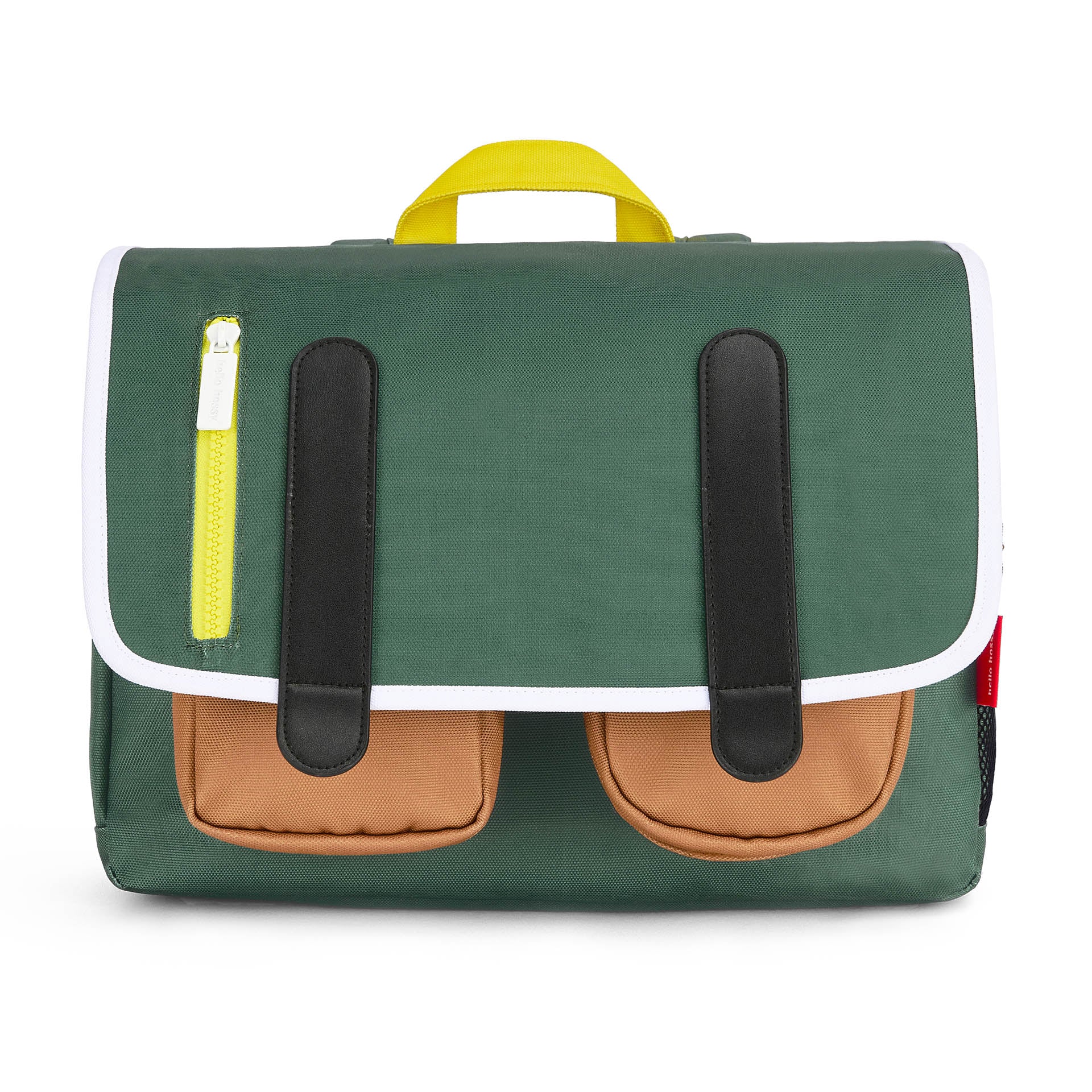 Schooltas kind groen zakken bruin sluiting geel Hello Hossy