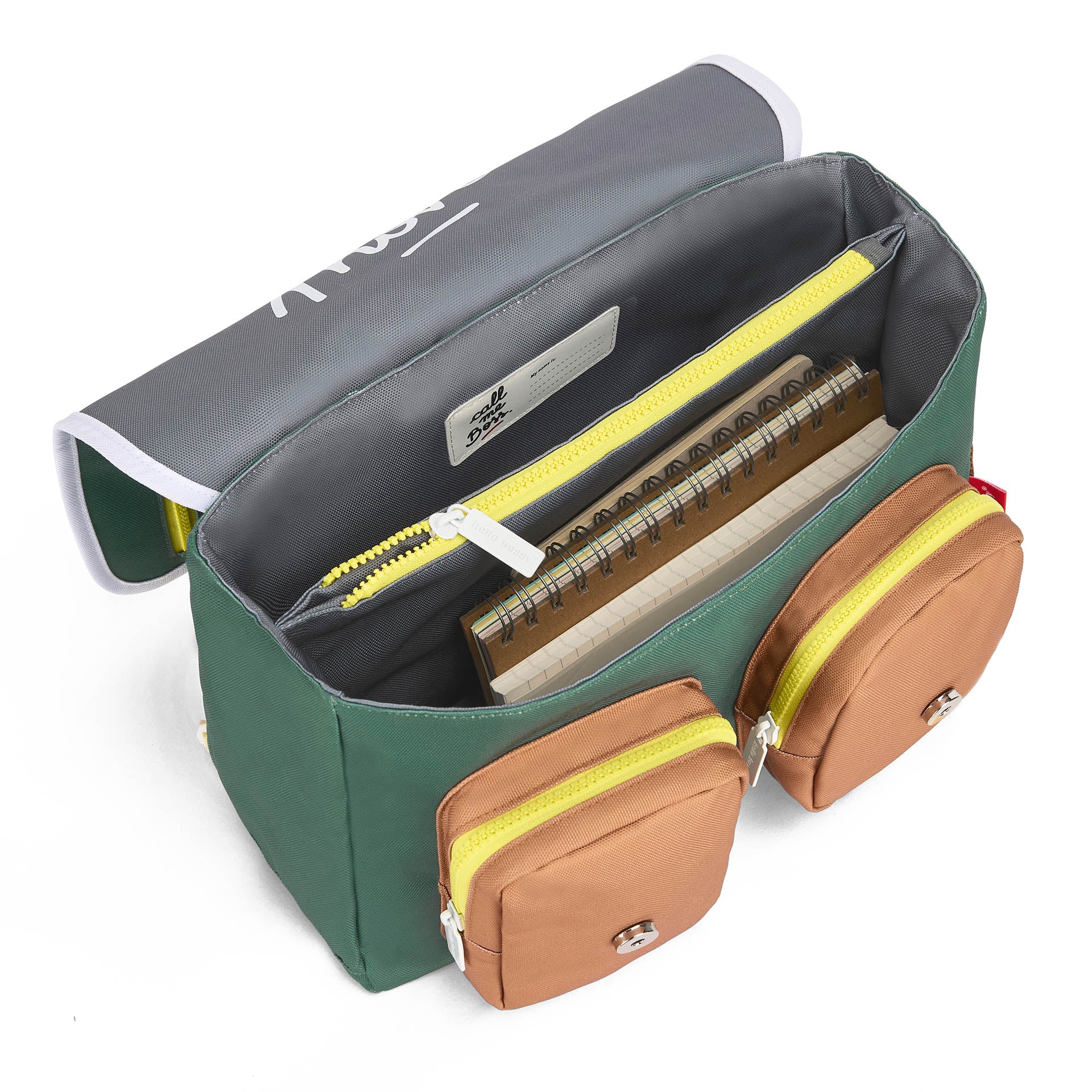 Schooltas kind groen zakken bruin geel Hello Hossy