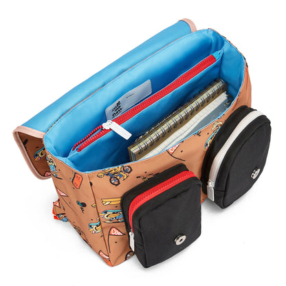 Schooltas kind bruin prints mascots bikes voorvakken Hello Hossy