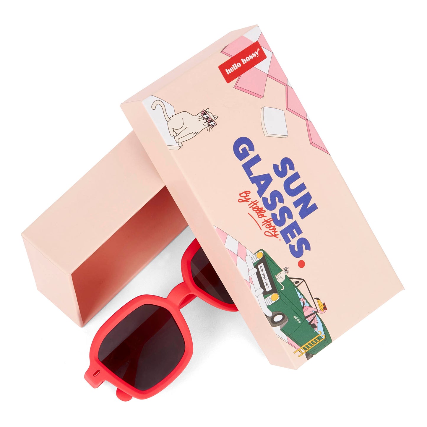 Zonnebrillen kind rood vierkante vorm met verpakking Hello Hossy