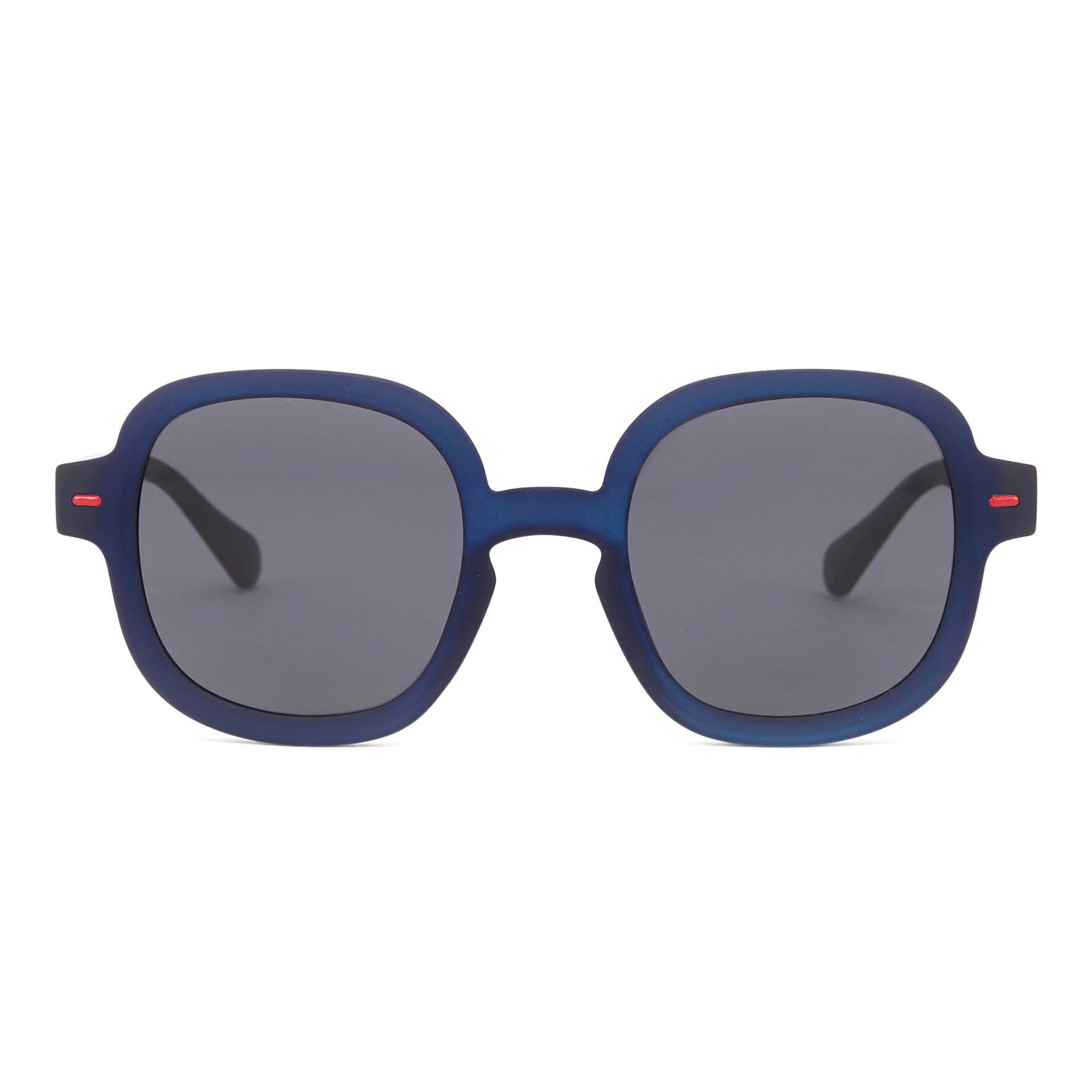 Zonnebrillen kind blauw ronde vorm dikke montuur rode details Hello Hossy