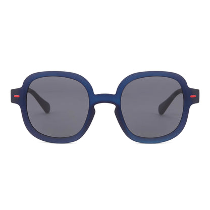 Zonnebrillen kind blauw ronde vorm dikke montuur rode details Hello Hossy