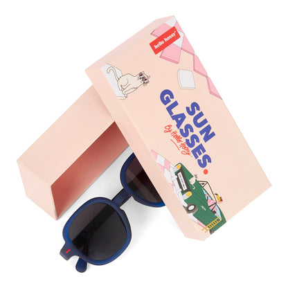 Kinderzonnebrillen blauw ronde vorm met verpakking Hello Hossy