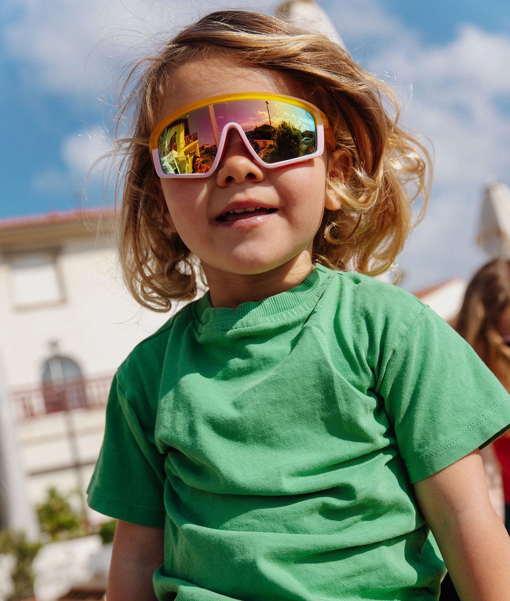 Lunettes de soleil enfant monture sport bicolore orange rose verres miroirs Hello Hossy