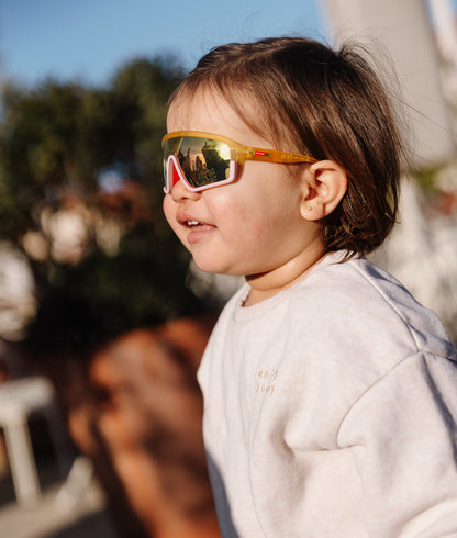 Lunettes de soleil enfant orange rose forme masque verres miroirs Hello Hossy