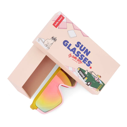 Lunettes de soleil enfant orange rose forme sport avec packaging Hello Hossy