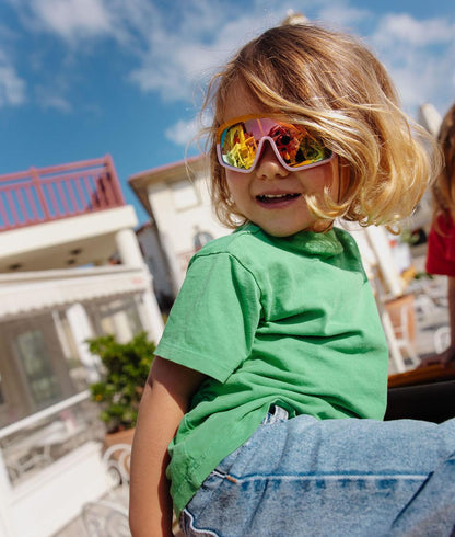 Lunettes de soleil enfant orange monture rose verres miroir Hello Hossy