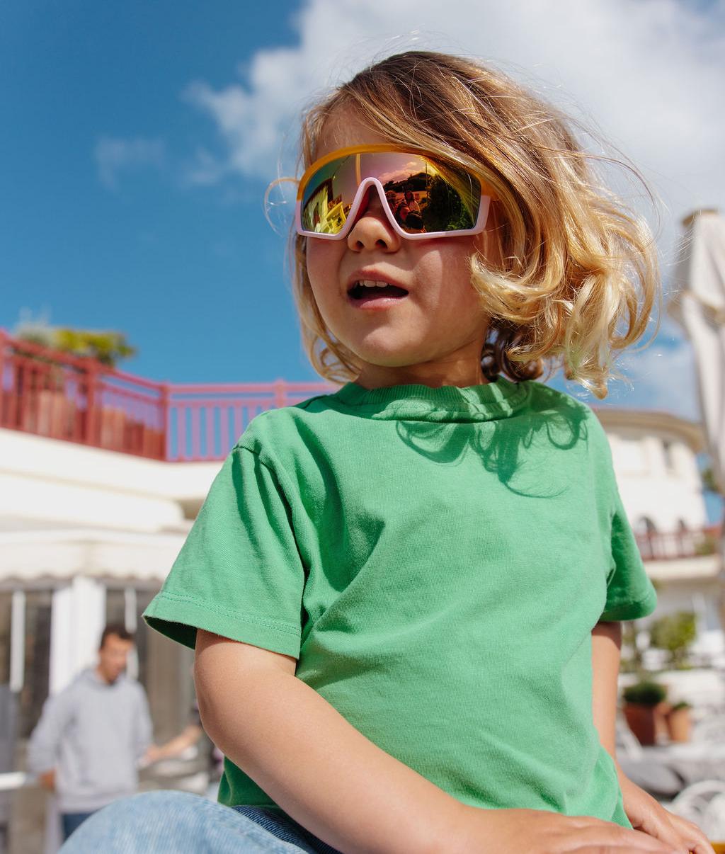 Lunettes de soleil enfant orange rose verres miroir forme large Hello Hossy