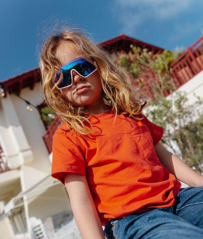 Lunettes de soleil enfant forme sport miroir bleu blanc Hello Hossy