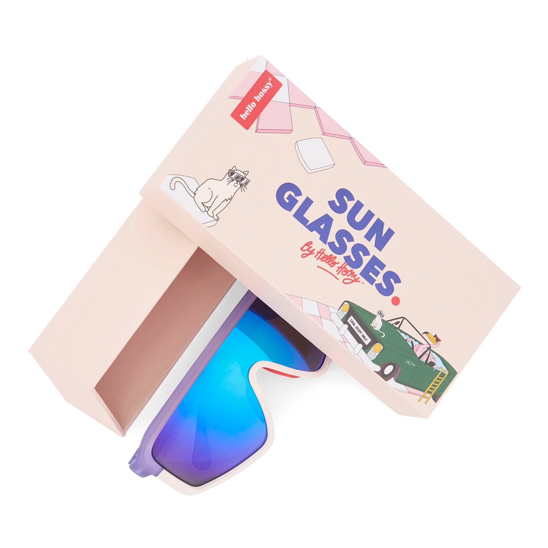 Lunettes de soleil enfant violet blanc forme sport avec packaging Hello Hossy