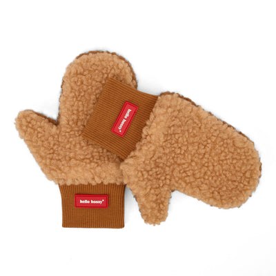 Tweekleurige teddy wanten Heaty Sven voor kind en baby – platliggende weergave - voorkant beige
