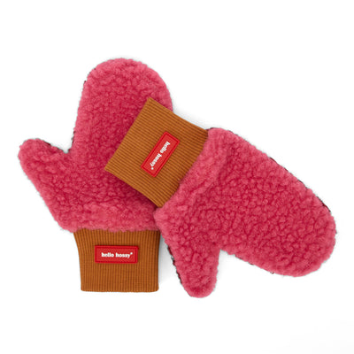 Tweekleurige teddy wanten Heaty Tara voor kind en baby – platliggende weergave - voorkant roze