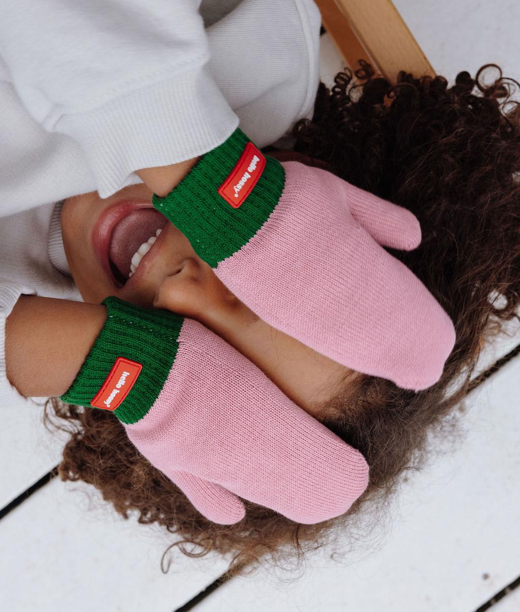 Wanten kind tweekleurig roze groen gebreid rood label Hello Hossy