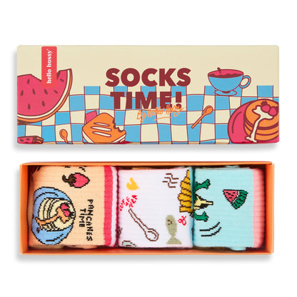 Pack de 3 paires de chaussettes pour enfant motif nourriture dans leur coffret – vue du dessus