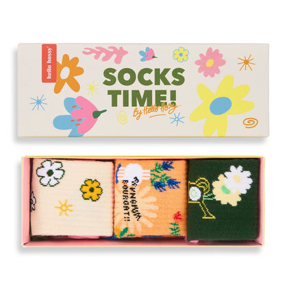 Pack de 3 paires de chaussettes pour enfant à motifs fleurs dans leur coffret – vue du dessus