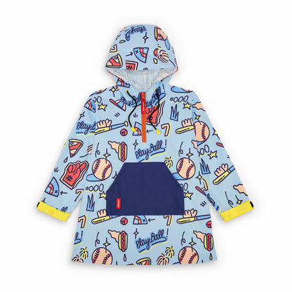 Regenponcho kind blauw met baseball-prints blauwe voorzak Hello Hossy