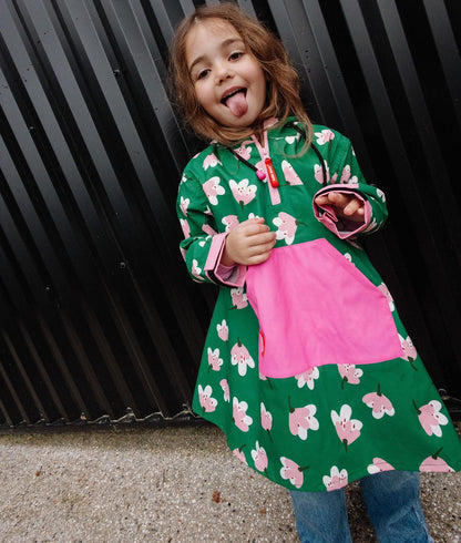 Poncho kind groen bloemenprint zak roze capuchon Hello Hossy