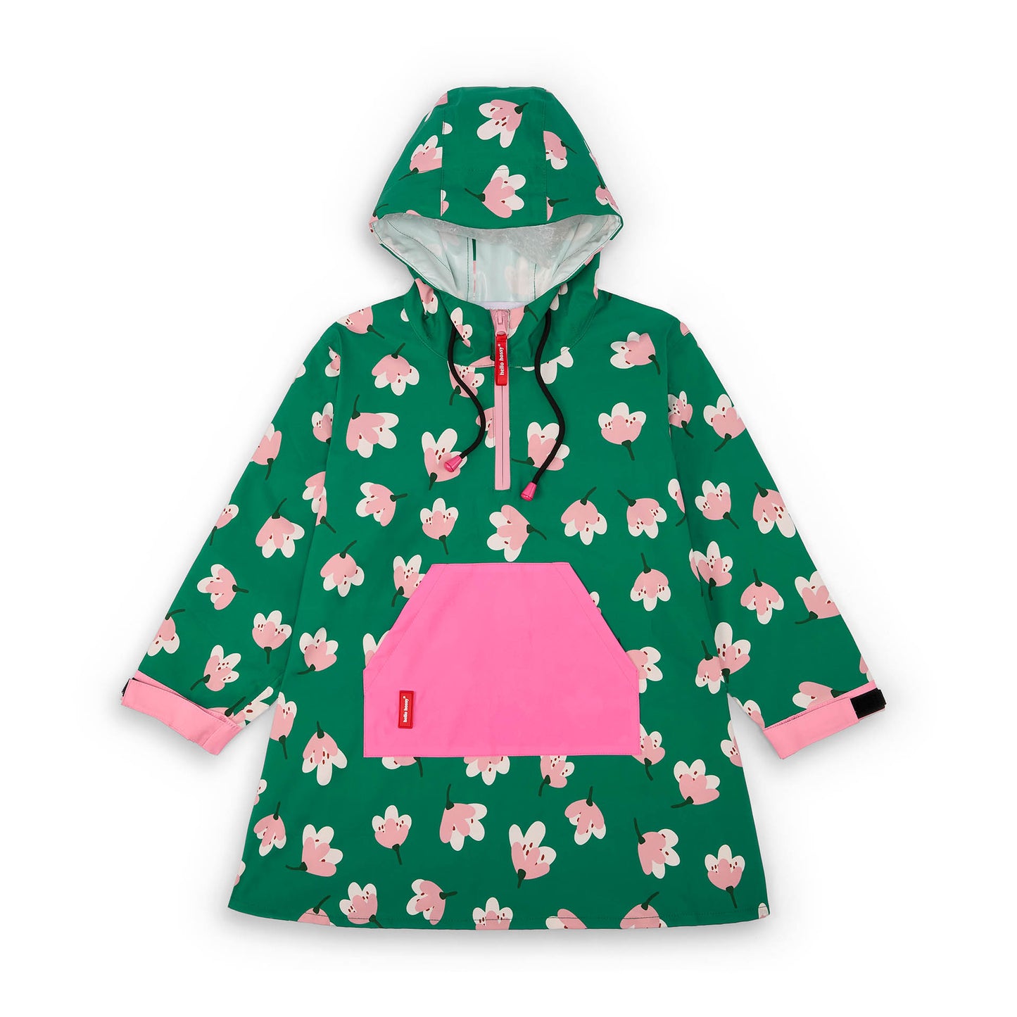 Regenponcho kind groen bloemen prints roze zak verstelbare capuchon Hello Hossy