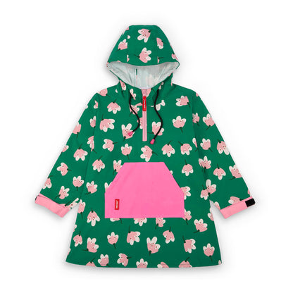 Regenponcho kind groen bloemen prints roze zak verstelbare capuchon Hello Hossy